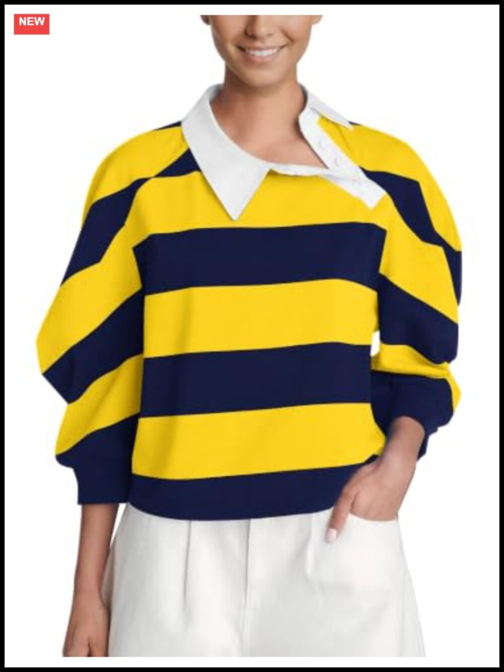 Women's Striped Asymmetric Rugby Polo Shirt 3/4 Balloon Sleeve Preppy Y2K Top